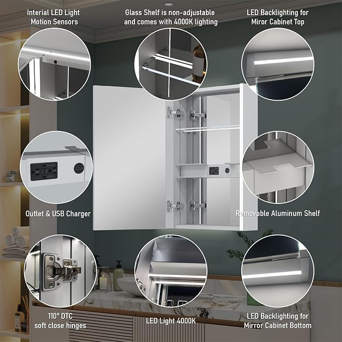WELLFOR 20" x 30" LED Mirrored Bathroom Cabinet, Mirror Medicine Cabinet with Lights, Defogging LED Mirror Cabinet with Outlets & USB Ports, Surface Mounted, Left Opening Door, Hardwired Connected