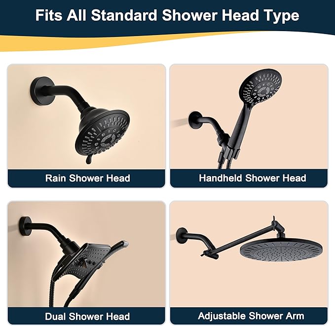 BRIGHT SHOWERS Shower Arm with Flange, Solid Brass 6 Inch Wall Mount Shower Head Extension, Extra Thick All Metal Shower Pipe Arm and Shower Neck Replacement, Matte Black