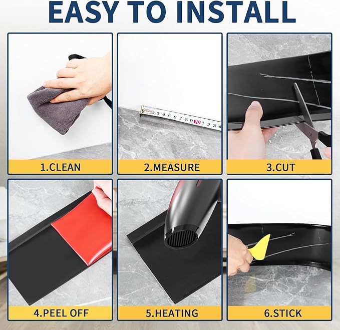 Flexible Baseboard Molding Trim 4 Inch Self-Adhesive Vinyl Wall Base Peel and Stick Cove Base Rubber Wall Baseboard Moulding Trim (60Ft, Black Stone)