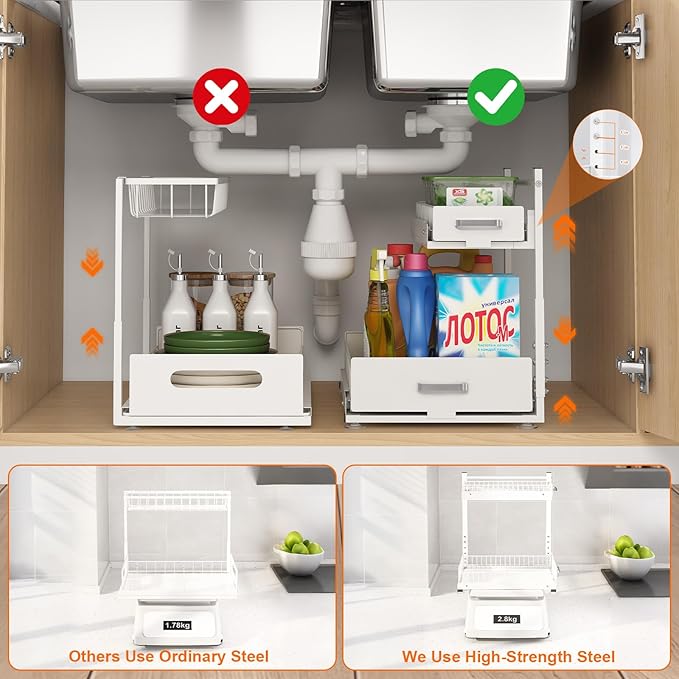Under Sink Organizer,2 Tier Slide Out Kitchen Cabinet Organizers with Pulley,Under Bathroom Sink Pull Out Organizer with Multiple Height Adjustments for Kitchen and Bathroom Cabinets-White