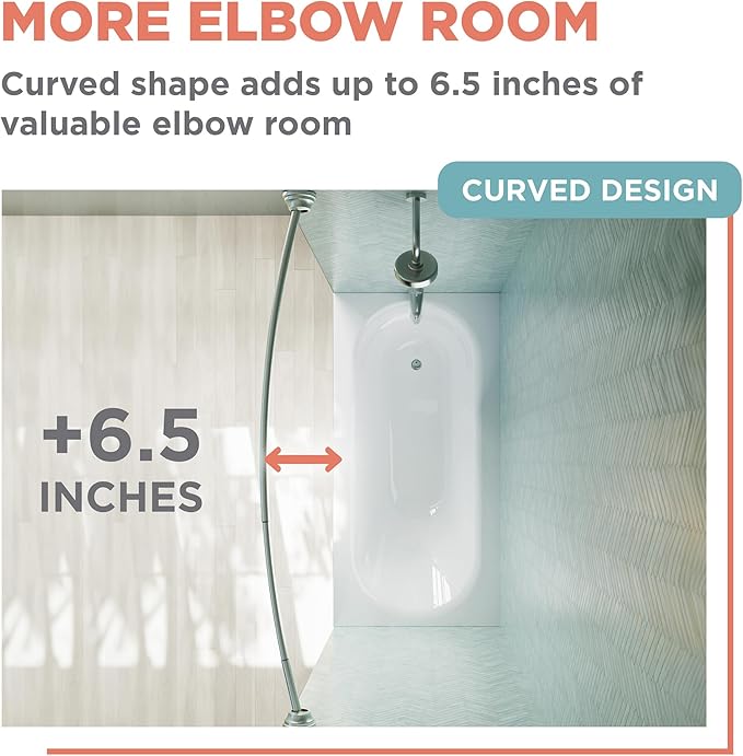 Zenna Home Curved Shower Curtain Rod, No Drill, 50-72 Inch Adjustable Tension Shower Rod for Bathroom, Rustproof, 1-Inch Diameter, Non Slip, Easy Install, Adds Space in Shower, Satin Nickel