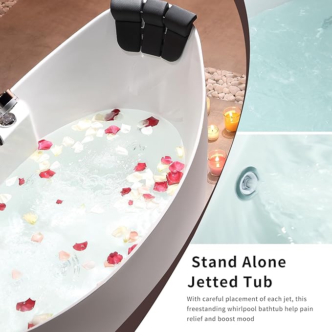Empava 67" Freestanding Whirlpool Bathtub Oval with 8 Hydromassage Adjustable Water Jets Luxury Acrylic Massage SPA Soaking Bath Tub in White Double Ended