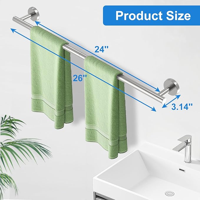 24 Inch Brushed Nickel Towel Bar for Bathroom Wall, SUS304 Stainless Steel Bathroom Towel Rack Wall Mounted, Total Length 26-Inch Shower Towel Holder Rod, Modern Home Decor