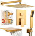 Wall Mounted Shower Faucet Set, Shower System with Tub Spout, 10 Inch Rainfall Shower Head with Handheld Spray, Waterfall Tub Spout Bathtub Faucet, Brushed Gold