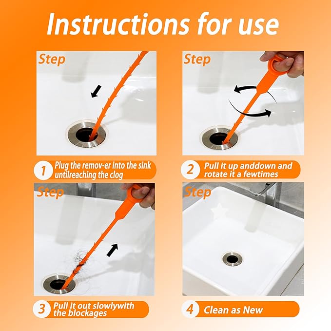 6PCS 25inch Drain Clog Remover Tool,hair clog remover tool,sink snake drain hair removal,for sink drain snake for bathtub,home shower tub snake clog remover,plastic drain cleaner tool