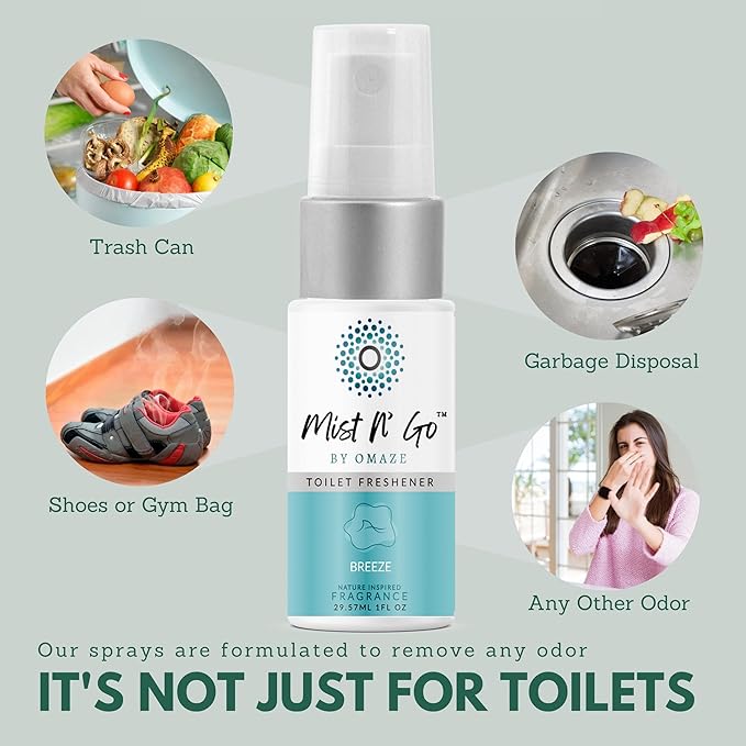 Mist N’ Go by Omaze Travel Bathroom Spray for Toilet Spray Odor Eliminator - Travel Toilet Spray for Bathroom Air Freshener Spray for Bathroom Deodorizer - Breeze Travel Size (1oz x5)