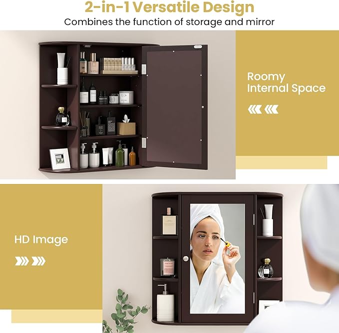 RELAX4LIFE Bathroom Wall Cabinet with Mirror - Medicine Cabinet w/Door, 6 Open Shelves & Adjustable Shelves, Over The Toilet Storage Cabinet Organizer, Mirrored Bathroom Cabinet Wall Mount (Brown)