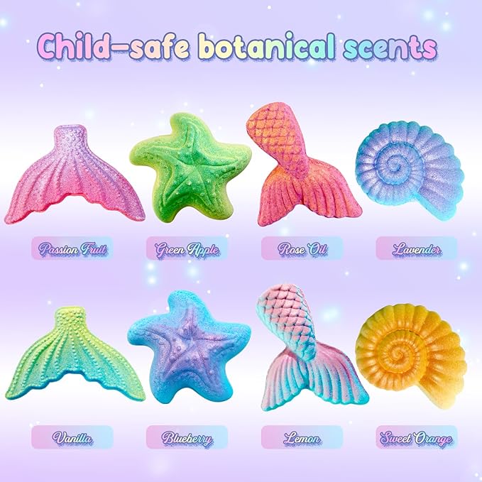 Mermaid Bath Bombs for Kids with Surprse Inside, 8PK XXL Kids Bath Bombs Gift Set for Girls, Birthday Gifts, Mermaid Party Favors, Princess Gift Box