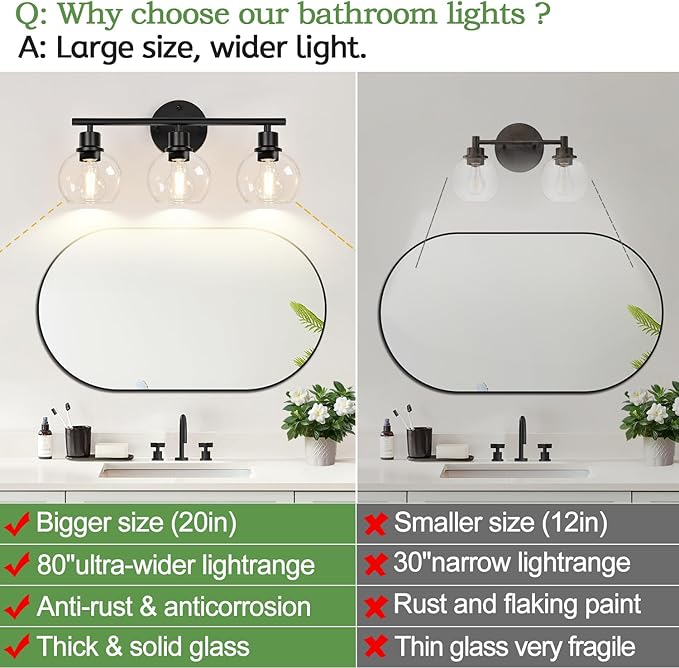 2025 Upgrade 3-Light Bathroom Light Fixtures, Black Bathroom Lights Over Mirror with Clear Glass Globe Shade, Vanity Lights for Bathroom Kitchen Living Room Hallway Cabinet Bedroom Porch.
