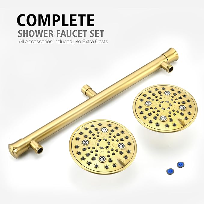 sumerain 2-in-1 Dual Shower Heads with Shut-off Valve for Two People,High Pressure 6 Function Sprayer and 20" Long Shower Arm,Brushed Gold