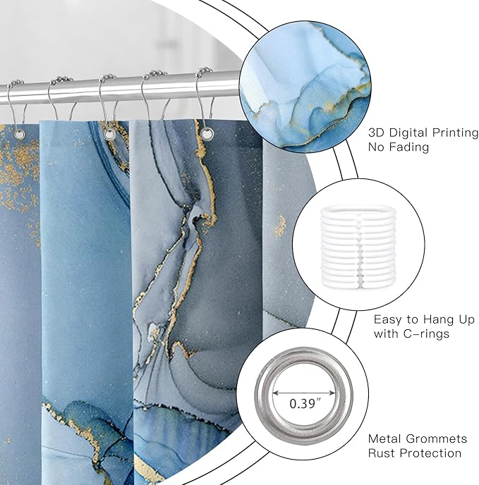 Long Shower Curtain 72 x 78 Inch, Tall Abstract Marble Shower Curtains for Bathroom Decor, Modern Luxury Art Decor Ink Texture Fabric Shower Curtain Set with Hooks, Blue