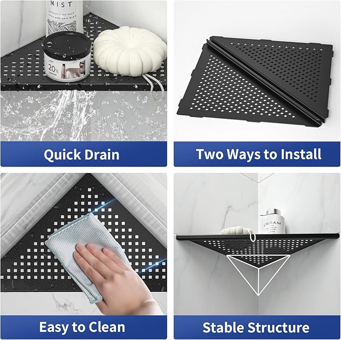 Corner Shower Shelves, 12" Matte Black 304 Stainless Steel Recessed Shelf for Bathroom, Grout in Shelf for Tiled Wall, 2 Pack Large Size