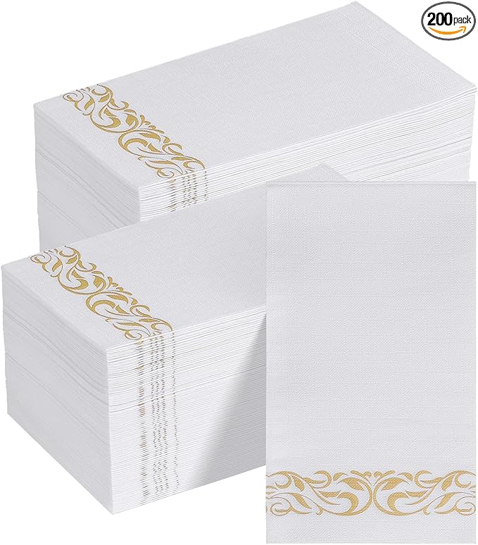 Goodluck 200 Pack 3-Ply Disposable Napkins - Soft & Absorbent Paper Hand Towels for Bathroom Guests, Dinner Party, Kitchen,Christmas， Wedding & Events, Parties - Floral Gold Trim