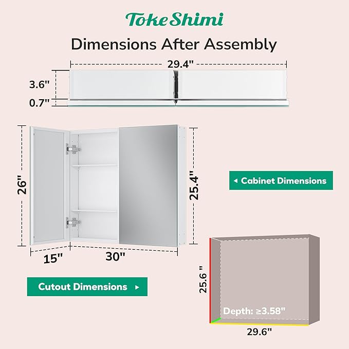 TokeShimi 30x26 Medicine Cabinet Mirror with Storage Tempered Aluminum Recessed or Wall Mounted Cabinet White with Stepless Adjustable Metal Shelves for Bathroom Vanity Modern Farmhouse