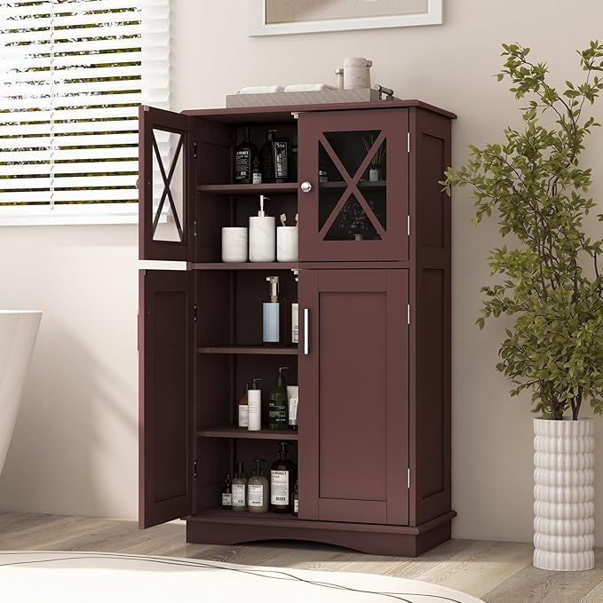 Tangkula Freestanding Floor Cabinet w/2 Glass Doors, 3-Level Adjustable Shelves, Anti-toppling Design, Kitchen Pantry Cupboard for Bathroom, Living Room (Brown)