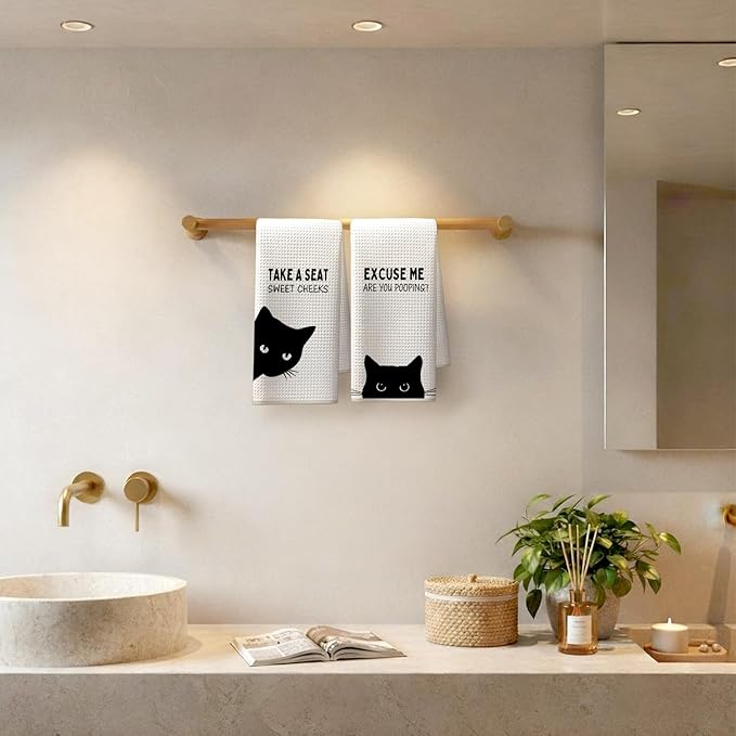 Funny Black Cat Bathroom Hand Towels, Cat Bathroom Decor, Sweet Cheeks Funny Kitten Kitty Decorative Hand Tea Towels for Washroom Restroom, 16x24 Inches Set of 2