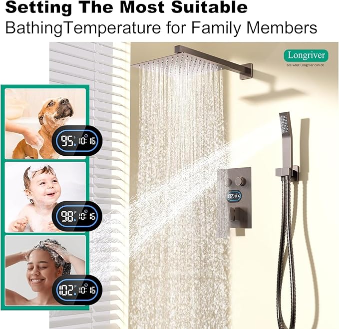 Push Button Diverter Shower Faucet Set Hydro Power Temperature Display, Shower System 12 Inches Shower Head with Handheld Spray, Wall Mounted Shower Fixtures with Valve and Trim Kit, Oil Rubbed Bronze