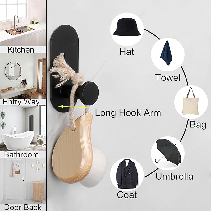 TocTen Adhesive Hook - 3 Pack Heavy Duty Sticky Towel/Robe Hook, Waterproof Stainless Steel Shower Hook, No Drill Stick on Wall Coat/Clothes Hooks for Bathroom, Kitchen, and Offices(Matte Black)