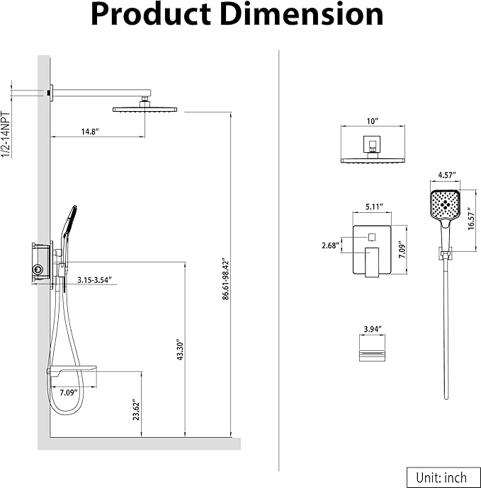 Gabrylly Shower System with Tub Spout, Wall Mounted Tub Shower Faucet Set for Bathroom with High Pressure 10" Rain Shower head and 3-Setting Handheld Shower Head Set, Chrome
