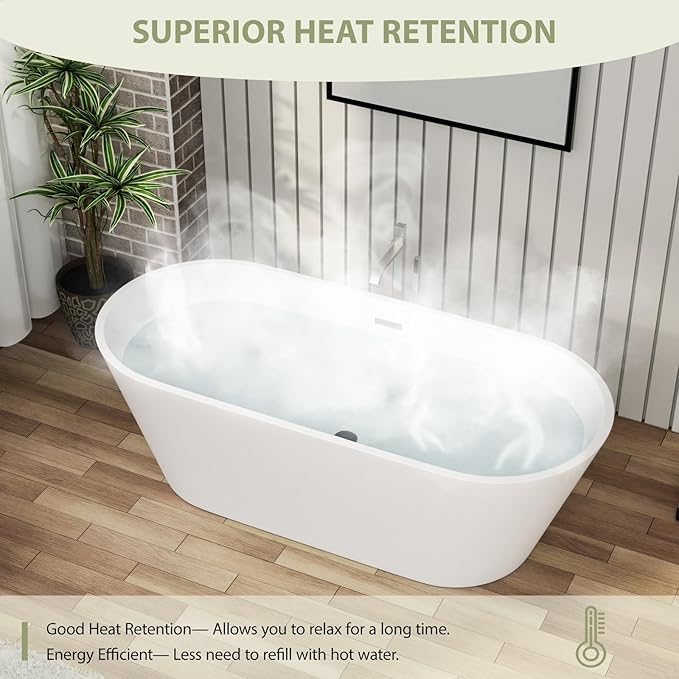 67" Acrylic Freestanding Bathtub - Mocloo Modern Elegant Soaking Stand Alone Bathroom Tub, Matte White, Overflow and Black Offset Drain