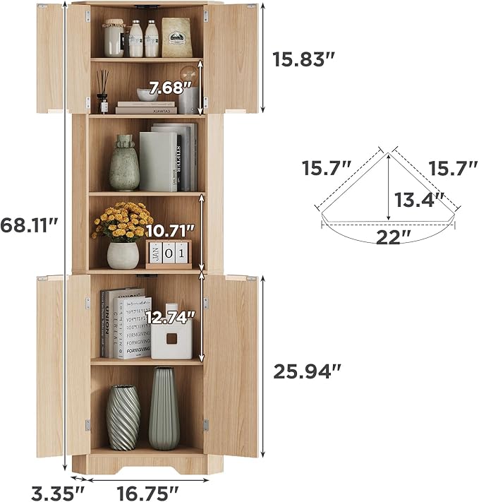 Fameill Tall Corner Cabinet with 2 Doors and 2 Open Storage Shelves, 68” Corner Storage Cabinet with Fluted Door Design, Home Space Saver for Living Room, Bathroom, Kitchen, Laundry, Natural Oak Color