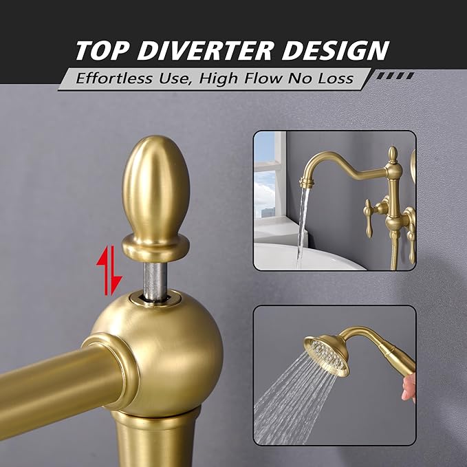 SUMERAIN Wall Mount Tub Faucet with Hand Shower, Brushed Gold Traditional Style Bathtub Faucet, Rough-in Valve Included