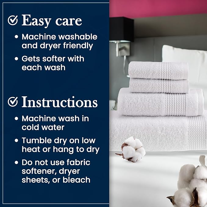 HALLEY Turkish Cotton Towels (4-Pack) Super Soft Quick Absorbent 100% Cotton Towels for Bathroom Kitchen 1 Bath Towel 1 Hand Towel 2 Washcloths (White)
