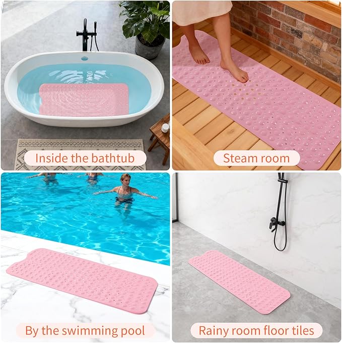 Anti-Slip Bathtub Shower mat, 39.3×15.7 inch（Approximately 100 × 40cm） Soft Oversized Machine Washable Non-Slip Bathtub mat with Drainage Holes, Bathroom Floor Suction Cup.（1-Opaque Pink）