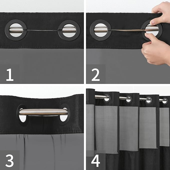 No Hooks Needed Linen Textured Shower Curtain with Snap-in Fabric Liner Set,Black Hotel Luxury Decor Shower Curtains for Bathroom,Waterproof & Washable,71Wx77H