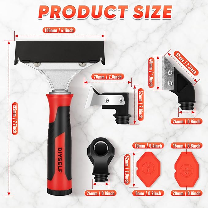 DIYSELF Caulking Tool, 4 in 1 Caulk Remover Tool for Bathroom, Bathtub, Grout, Shower, Tile, Window, Razor Scraper Tool for Cleaning, Silicone Caulk Removal Tool (Red)