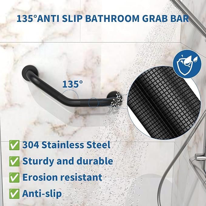 16 Inch Angled Shower Grab Bar Black, Munzong 2 Pack Anti Slip Bathroom Grab Bar, Knurled Bathroom Balance Bar,Safety Hand Rail Support Handicap Elderly Injury Senior Assist Bath Handle-1.25” Tube
