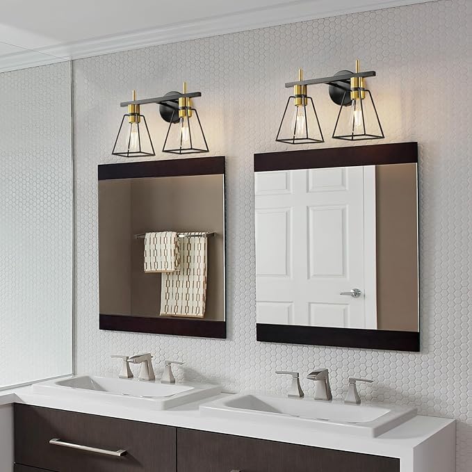 Industrial Bathroom Vanity Lights: 2 Lights Black and Gold Vintage Metal Cage Wall Sconces - Rustic Farmhouse Lightning Fixture Over Mirrors Cabinet for Home Hallway
