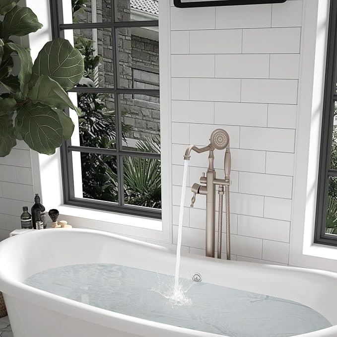 Hoimpro Free Standing Tub Faucet Freestanding Tub Filler Farmhouse Stand Alone Floor Mounted Bathtub Faucet Set Shower Faucets Handheld Sprayer Brass Brushed Nickel
