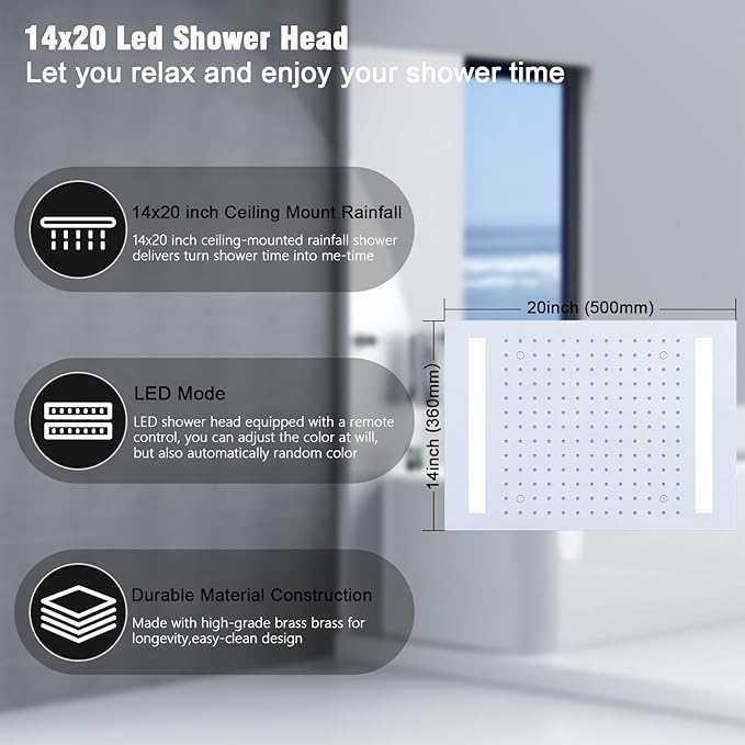 Rain Shower Head System with 14x20 Inch Ceiling Mount LED Head & 6 Inch Wall Head and Handheld Shower 3 Way Pressure Balance Valve Kit,Polished Chrome