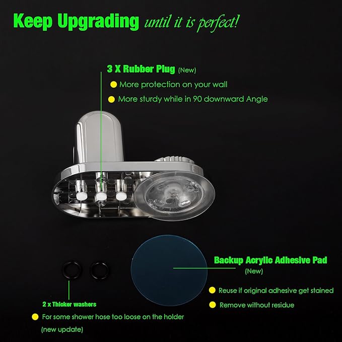 Handheld Shower Head Holder - 5 Positions Adjustable + 90° downwards - Adhesive Wall Mount - Fits Large showerhead - Wider Slot For Universal Fits - Polished Chrome
