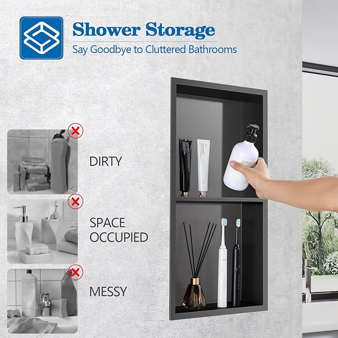12" x 24" Shower Niche No Tile Needed, 304 Stainless Steel Shower Wall Niche, Recessed Shower Shelf for Shower or Bathroom Storage, Black
