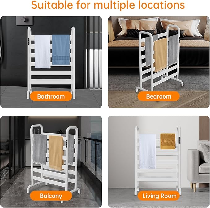 Towel Warmer Rack, Electric Heated Towel Rack for Bathroom, Freestanding Adjustable Temperature 110–170°F with Timer & Overheat Protection, Large Aluminum Towel Heater, 12 Fast Heating Bars