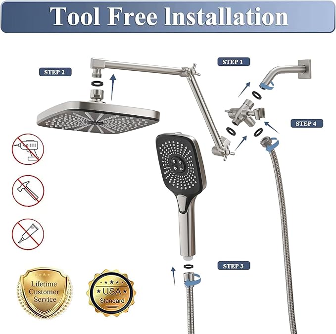Rain Shower Head with Handheld Spray Combo, 12 Inch Rainfall Shower Heads with Adjustable Extention Arm, High Pressure Showerhead with 3-Way Diverter - Height/Angle Adjustable(Brushed Nickel)