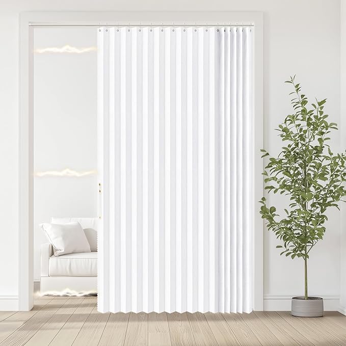 Accordian Door Curtain, 100% Blackout Folding Magnetic Doorway Curtains,Linen Style Closet Doors,for Room Divider,Privacy Protection（W72 x L78,White,1 Panel）