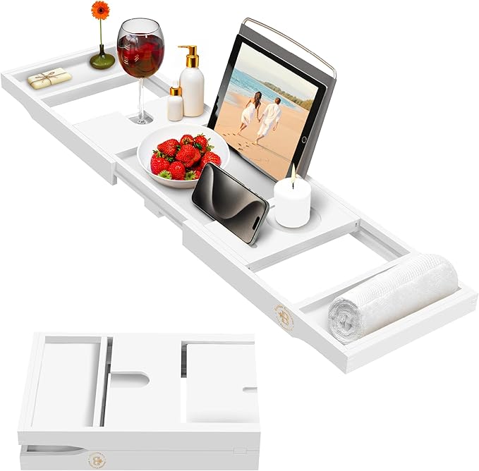 Wooden Bathtub Tray - Foldable & Expandable Bamboo Bath Tray for Tub with Wine Holder, Book & Tablet Stand - Bath Caddy Tray for Bathtub, Spa Bath Accessories, Tub Tray Table, Gifts for Her (White)
