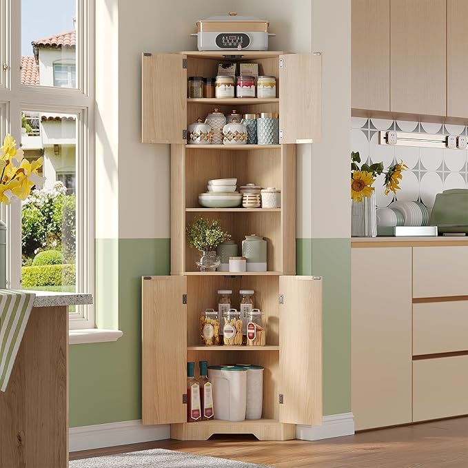 Fameill Tall Corner Cabinet with 2 Doors and 2 Open Storage Shelves, 68” Corner Storage Cabinet with Fluted Door Design, Home Space Saver for Living Room, Bathroom, Kitchen, Laundry, Natural Oak Color