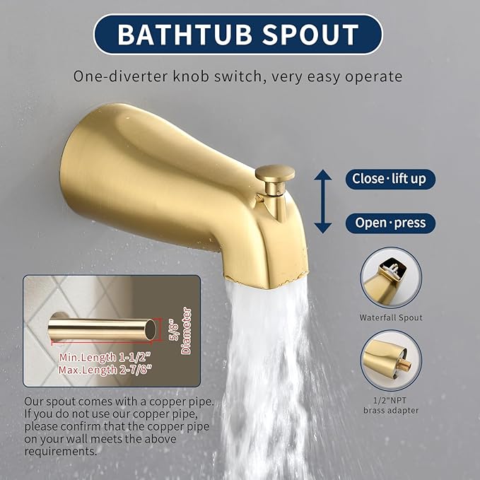 2 Handles Shower Faucet Set with Tub Spout Bathtub Shower Faucet Combo Set Shower System Complete Tub and Shower Trim Kit Brushed Gold Wall Mounted Shower Fixtures