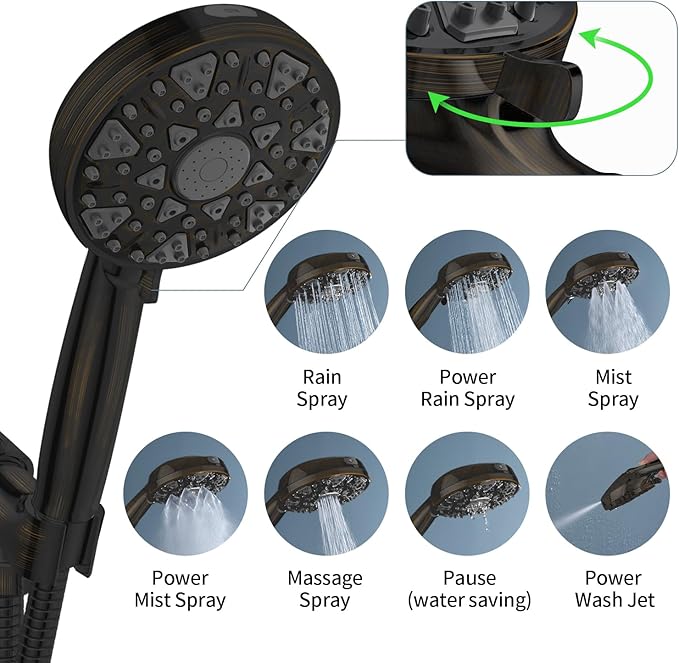 Shower Head With Handheld 7 Settings High Pressure, Built-in Power Wash, 5" High Powerful Hand Held Rain Showerhead with Stainless Steel Hose and Adjustable Bracket (Oil Rubbed Bronze)
