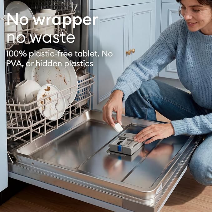 Vove Plastic-Free Dishwasher Tablets, 60 Pack - All-in-One Plant-Based Formula with 2x Enzyme Power - Tackles Stubborn Stains, No Pre-Rinse Needed, Biodegradable & Concentrated, Fragrance-Free