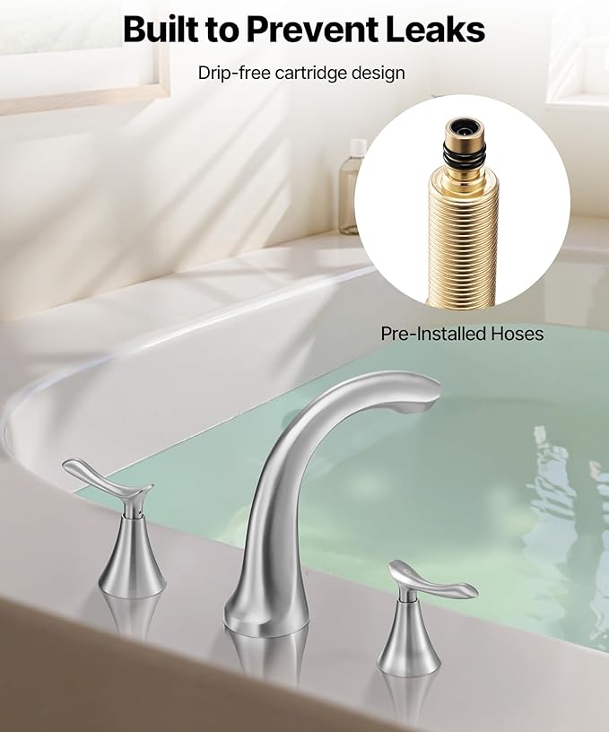 VEVOR Roman Tub Faucet, 3 Hole Waterfall Bathtub Faucet, Gooseneck Bath Tubs Faucets Set with 2 Handles, Deck Mount Bath Tub Faucets Set for Pet Washing, Adult Bathing, Brushed Nickel