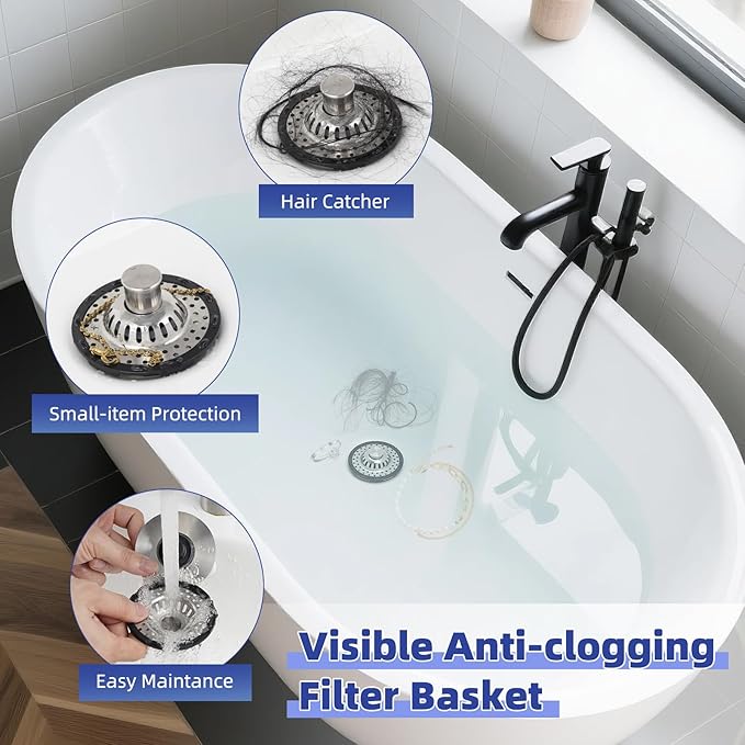 Universal Bathtub Drain Stopper Shower Drain Hair Catcher, Tub Stopper with Visible Top Strainer, Upgraded 3 in 1 Pop-up Drain Plug Fit for 1.5 to 2.4" Hole, Stainless Filter Basket, Brushed Nickel