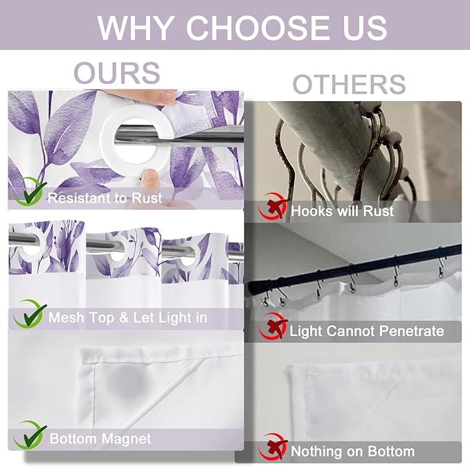 No Hook Shower Curtain and Liner Set, Light Purple Eucalyptus Floral Shower Curtains for Bathroom, Bath Curtain Sets with Snap in Liner, Waterproof with See Through Top Window, 71x74 Inches