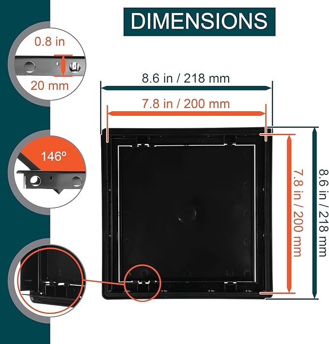 8" x 8" Black Plastic Access Panel - Wall Access Door for Plumbing, Electricity, Heating, Alarm Services
