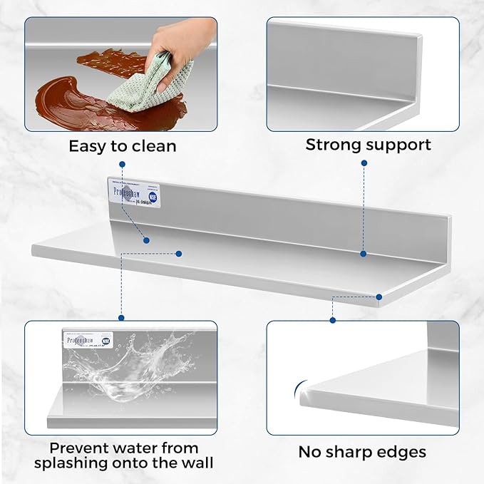 Profeeshaw Stainless Steel Shelf Wall Mounted Commercial Stainless Steel Shelves 8.6 * 24 Inch 50lb Heavy Duty Commercial Kitchen Shelf for Restaurant, Bar, Utility Room, Kitchen and Garage