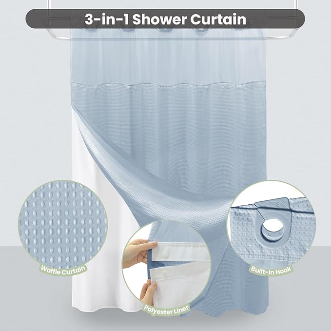 Inhousolu Extra Long No Hook Shower Curtain with Snap in Fabric Liner Set Waffle Weave 230GSM Weighted Hem, Waterproof & Washable Bathroom Curtain Spa Luxury with Mesh Top Window 72"W x 84"L Fog Blue